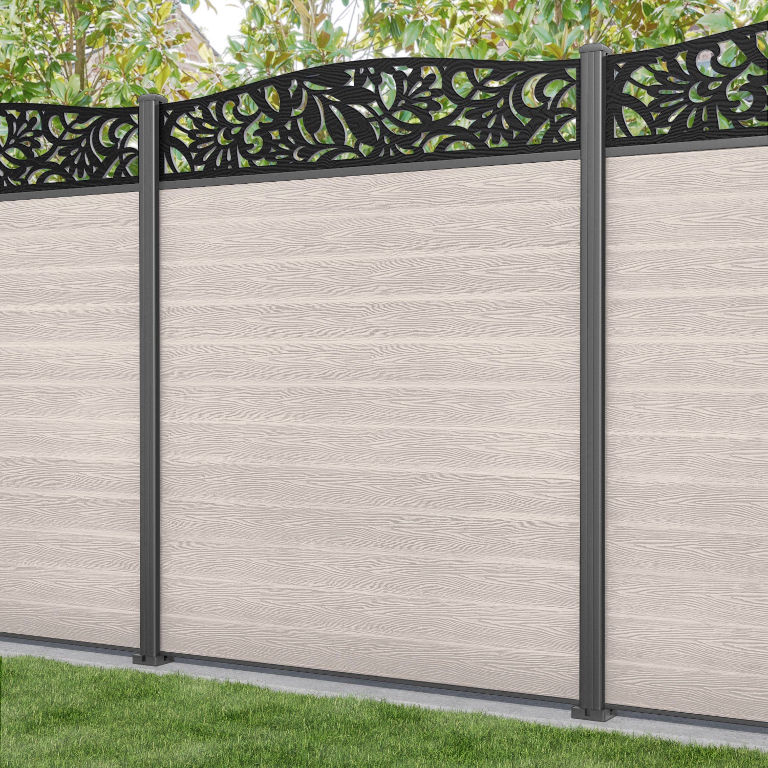 Classic Heritage Curved Top Fence Panel - Mid Stone - with our aluminium posts