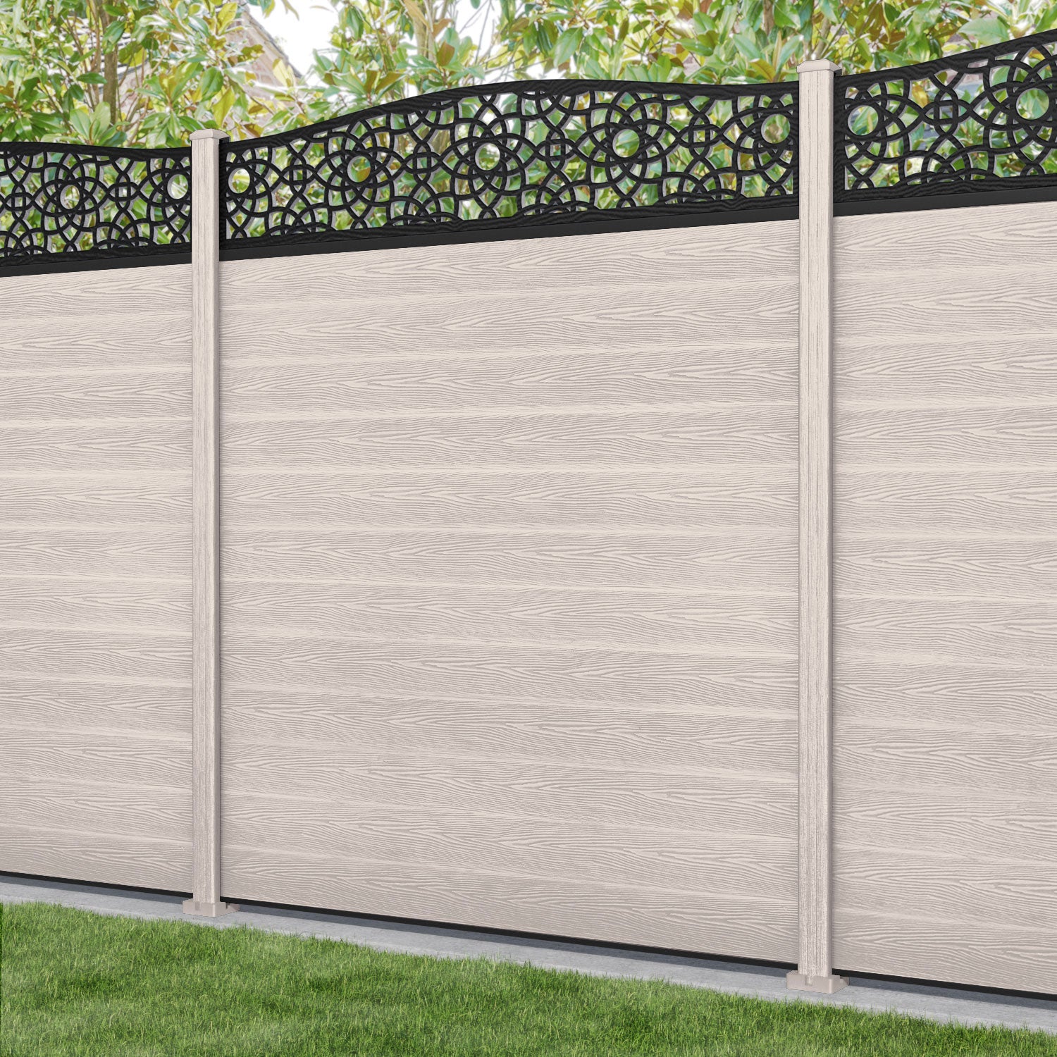 Classic Ambar Curved Top Fence Panel - Mid Stone - with our composite posts