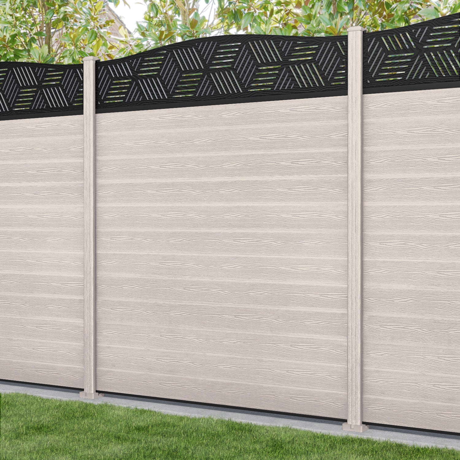 Classic Cubed Curved Top Fence Panel - Mid Stone - with our composite posts