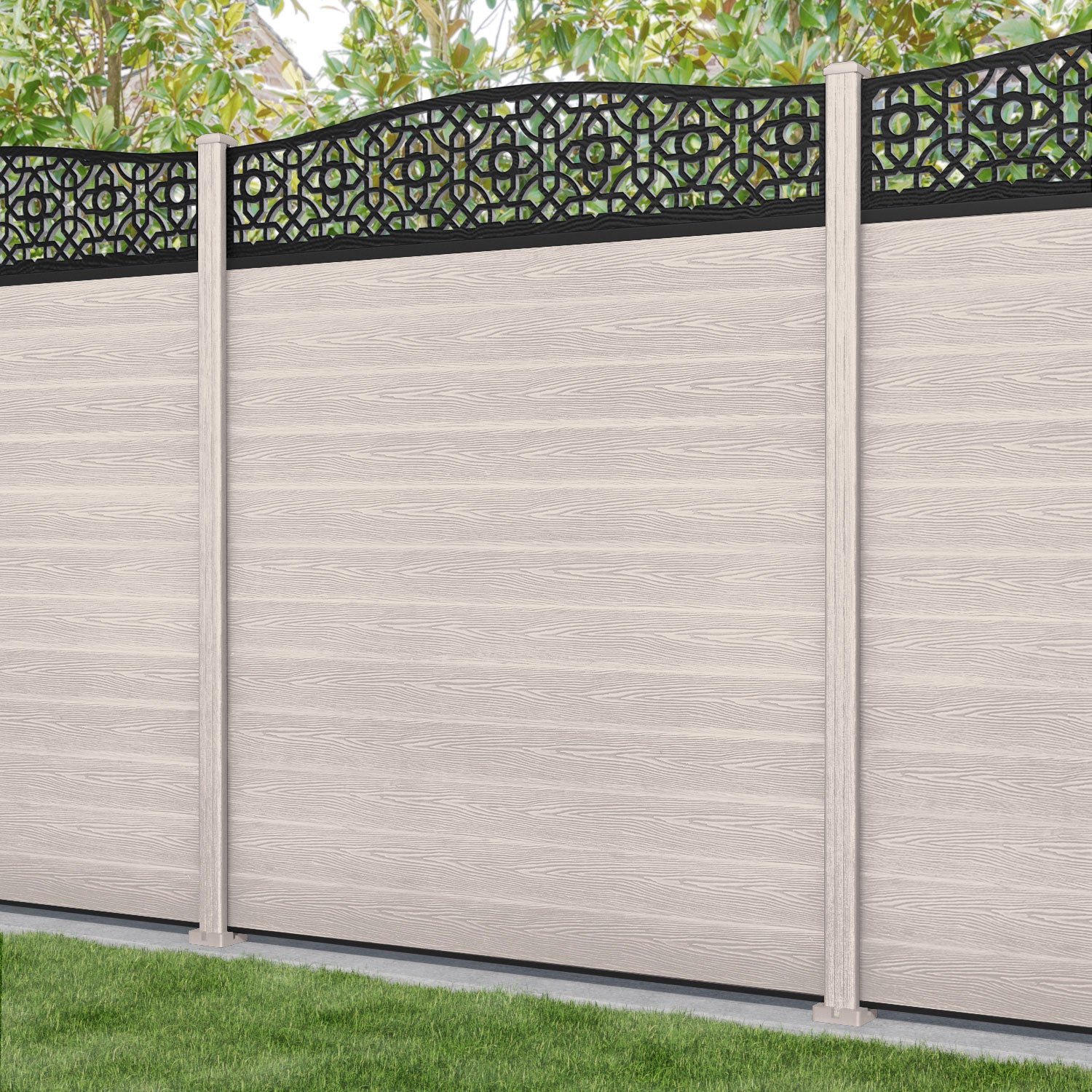 Classic Nabila Curved Top Fence Panel - Mid Stone - with our composite posts