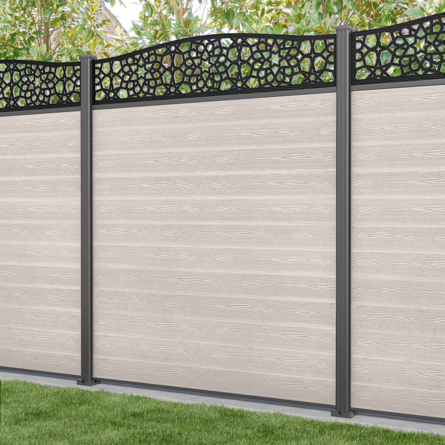 Classic Nazira Curved Top Fence Panel - Mid Stone - with our aluminium posts
