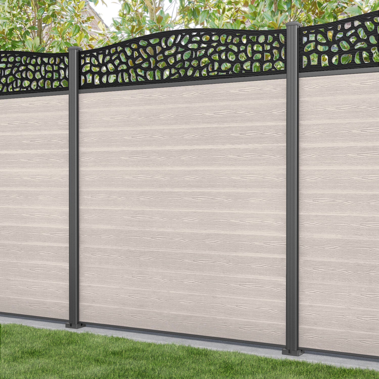 Classic Pebble Curved Top Fence Panel - Mid Stone - with our aluminium posts