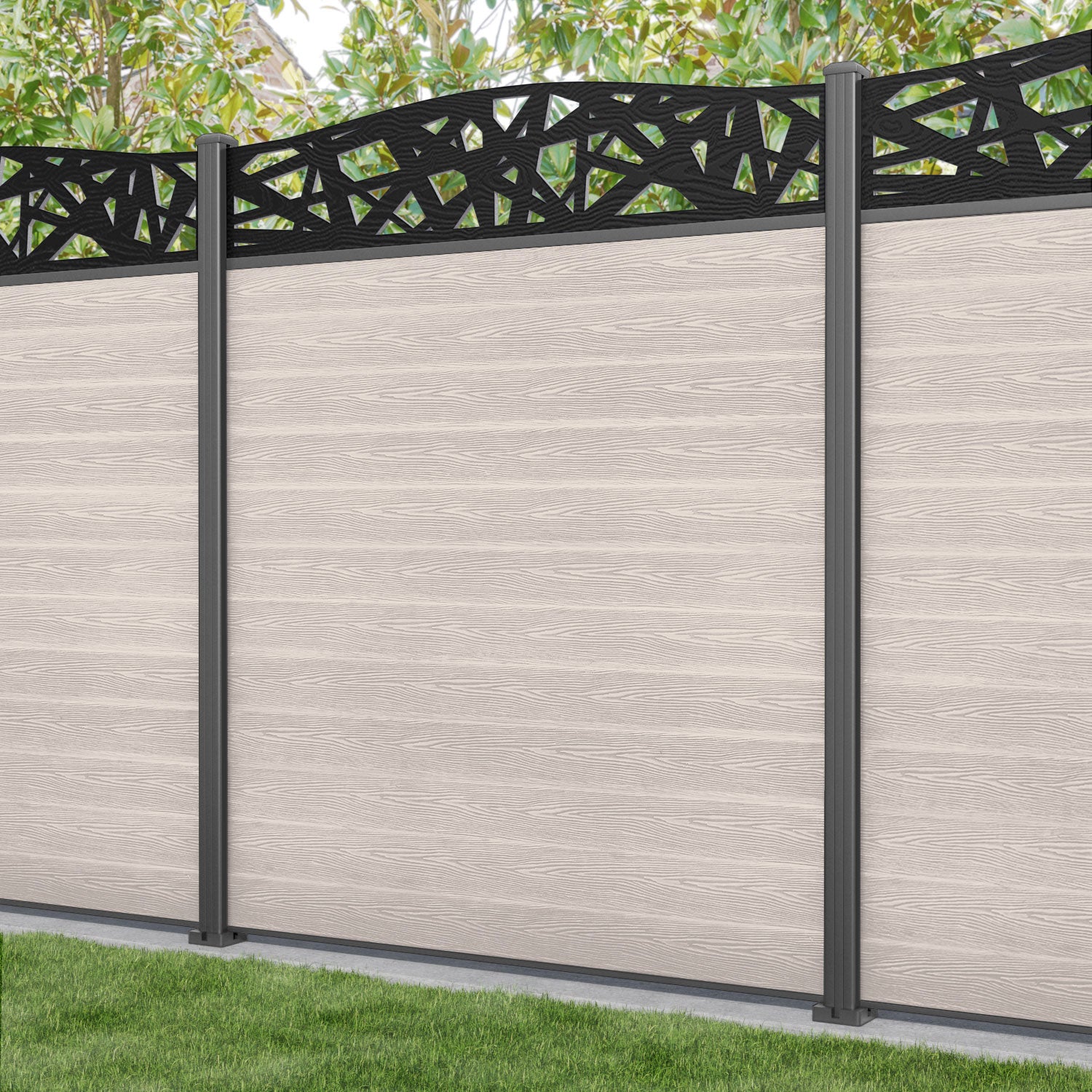 Classic Prism Curved Top Fence Panel - Mid Stone - with our aluminium posts