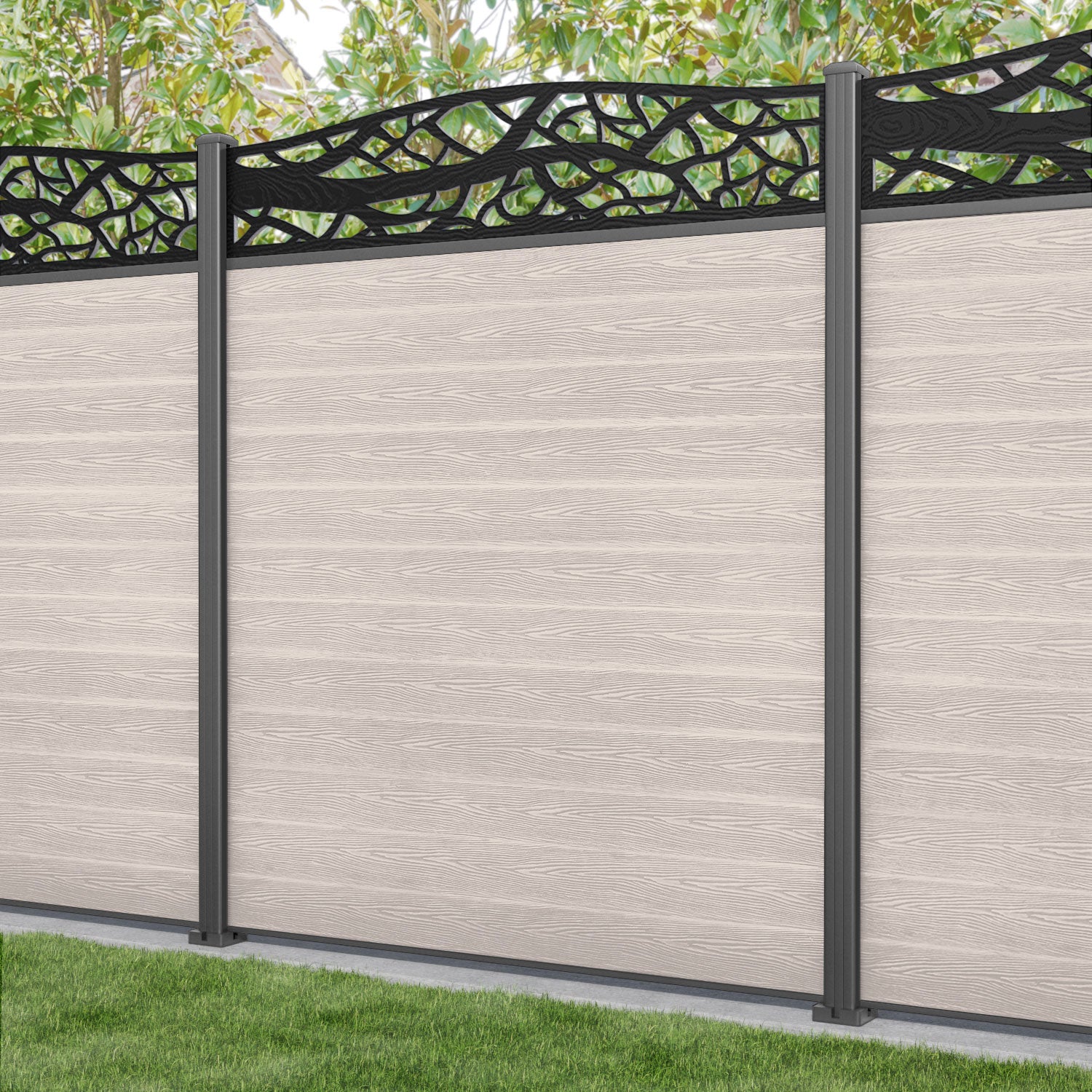 Classic Twilight Curved Top Fence Panel - Mid Stone - with our aluminium posts