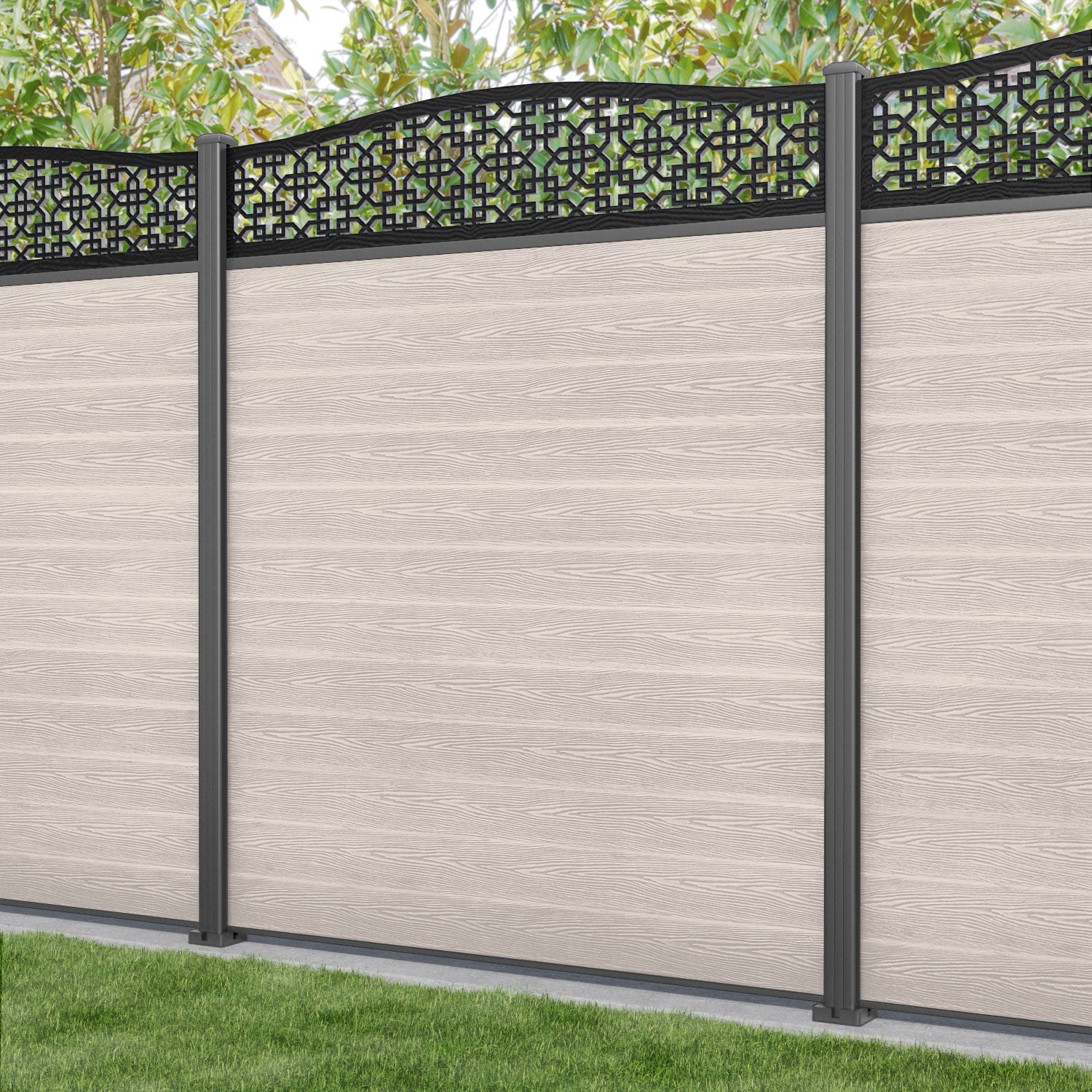 Classic Zaria Curved Top Fence Panel - Mid Stone - with our aluminium posts