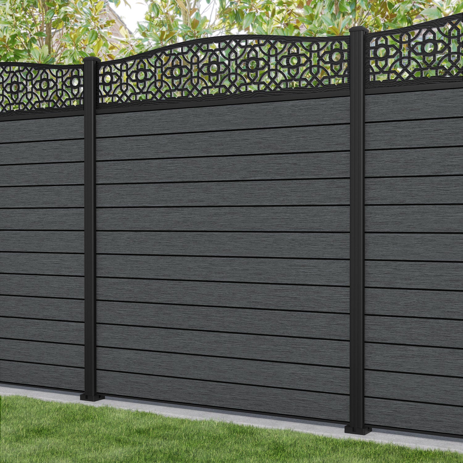 Fusion Nabila Curved Top Fence Panel - Dark Grey - with our aluminium posts