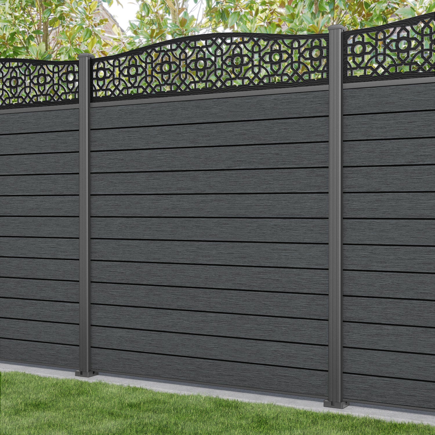 Fusion Nabila Curved Top Fence Panel - Dark Grey - with our aluminium posts