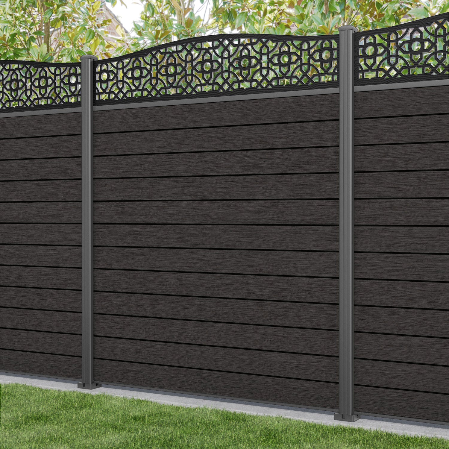 Fusion Nabila Curved Top Fence Panel - Dark Oak - with our aluminium posts