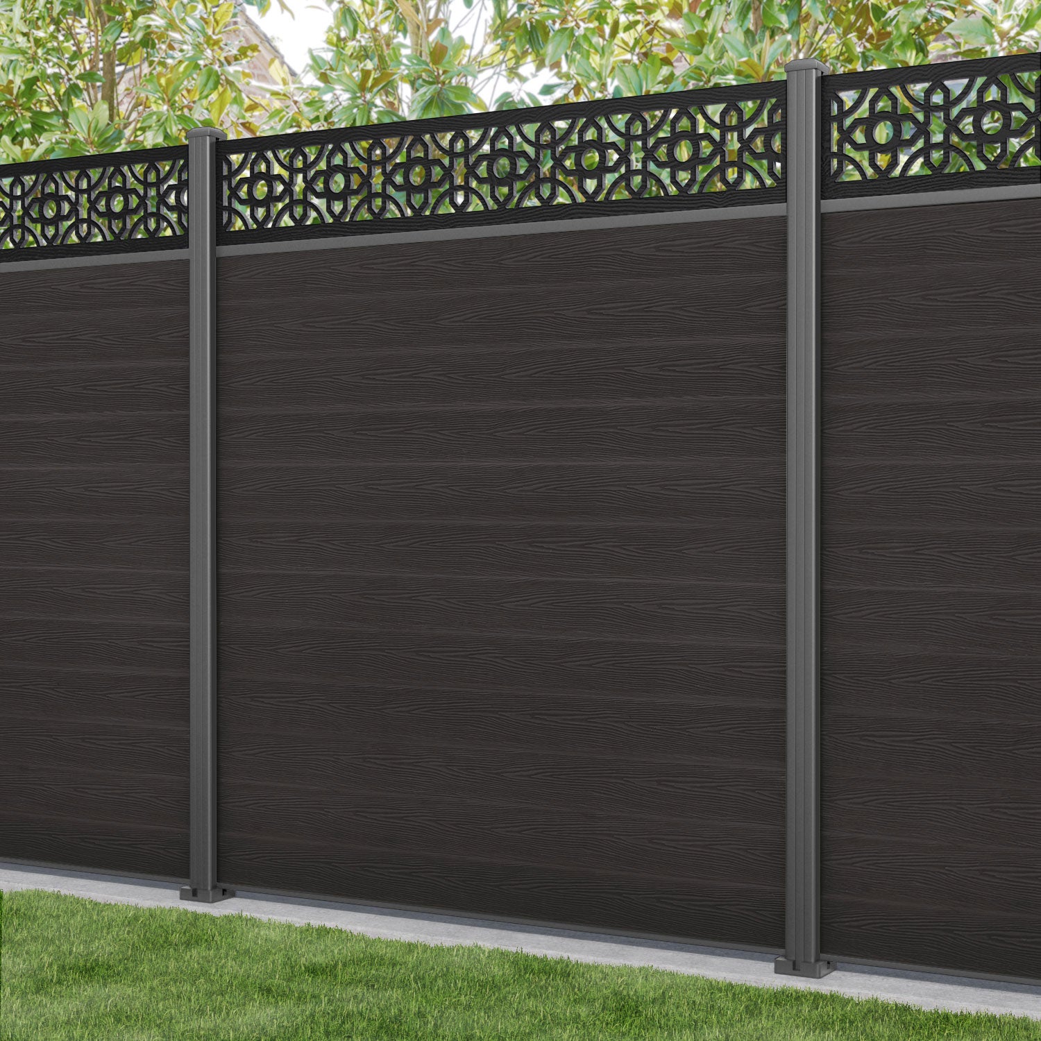 Classic Nabila Fence Panel - Dark Oak - with our aluminium posts