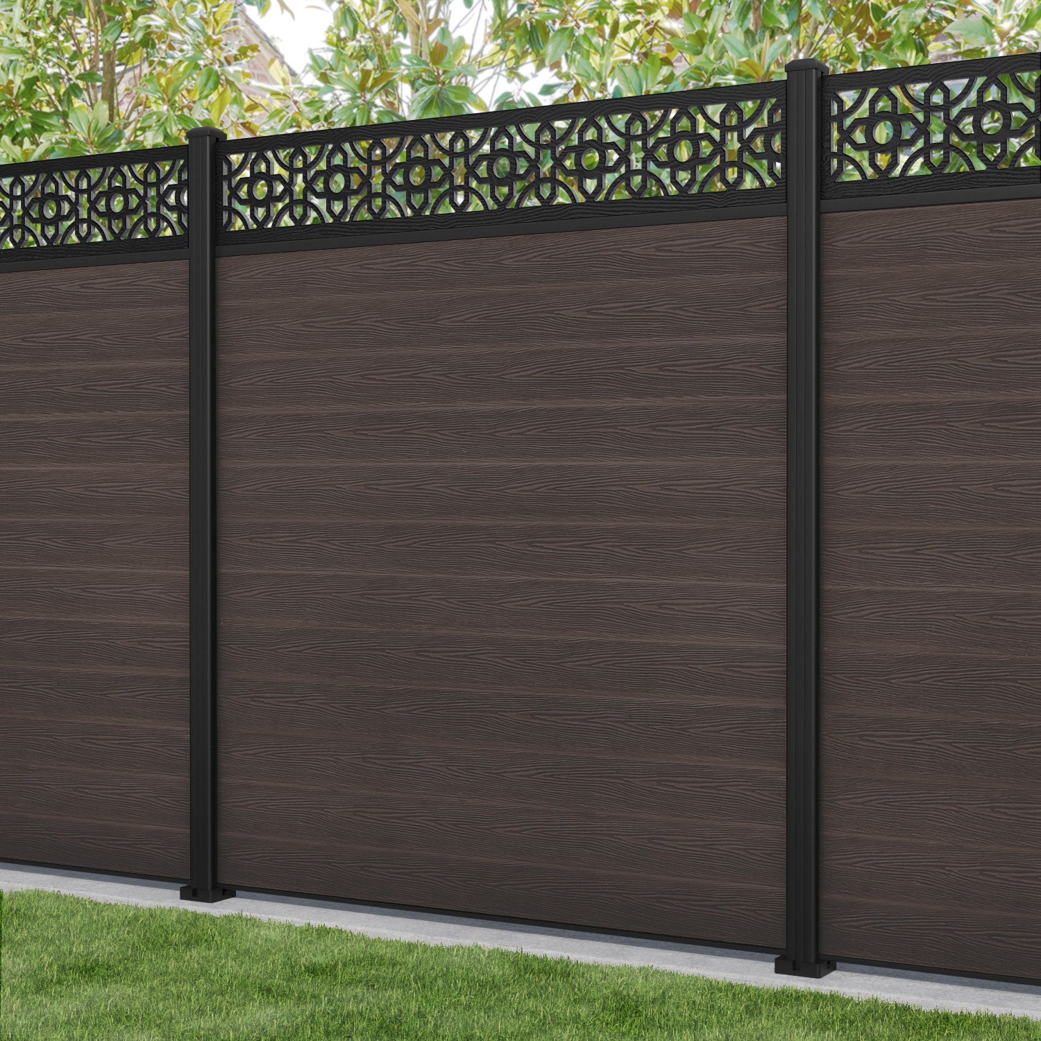 Classic Nabila Fence Panel - Mid Brown - with our aluminium posts