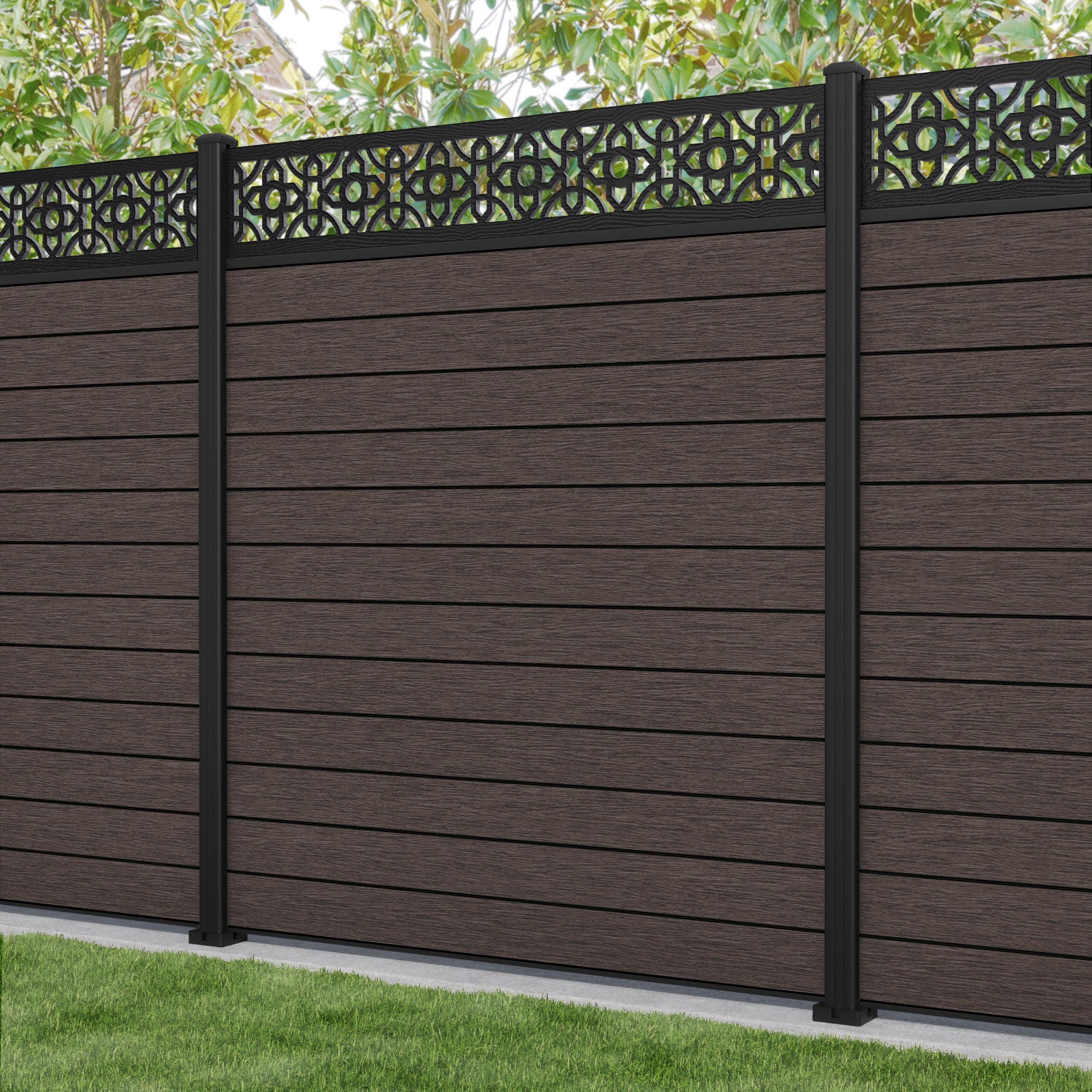 Fusion Nabila Fence Panel - Mid Brown - with our aluminium posts