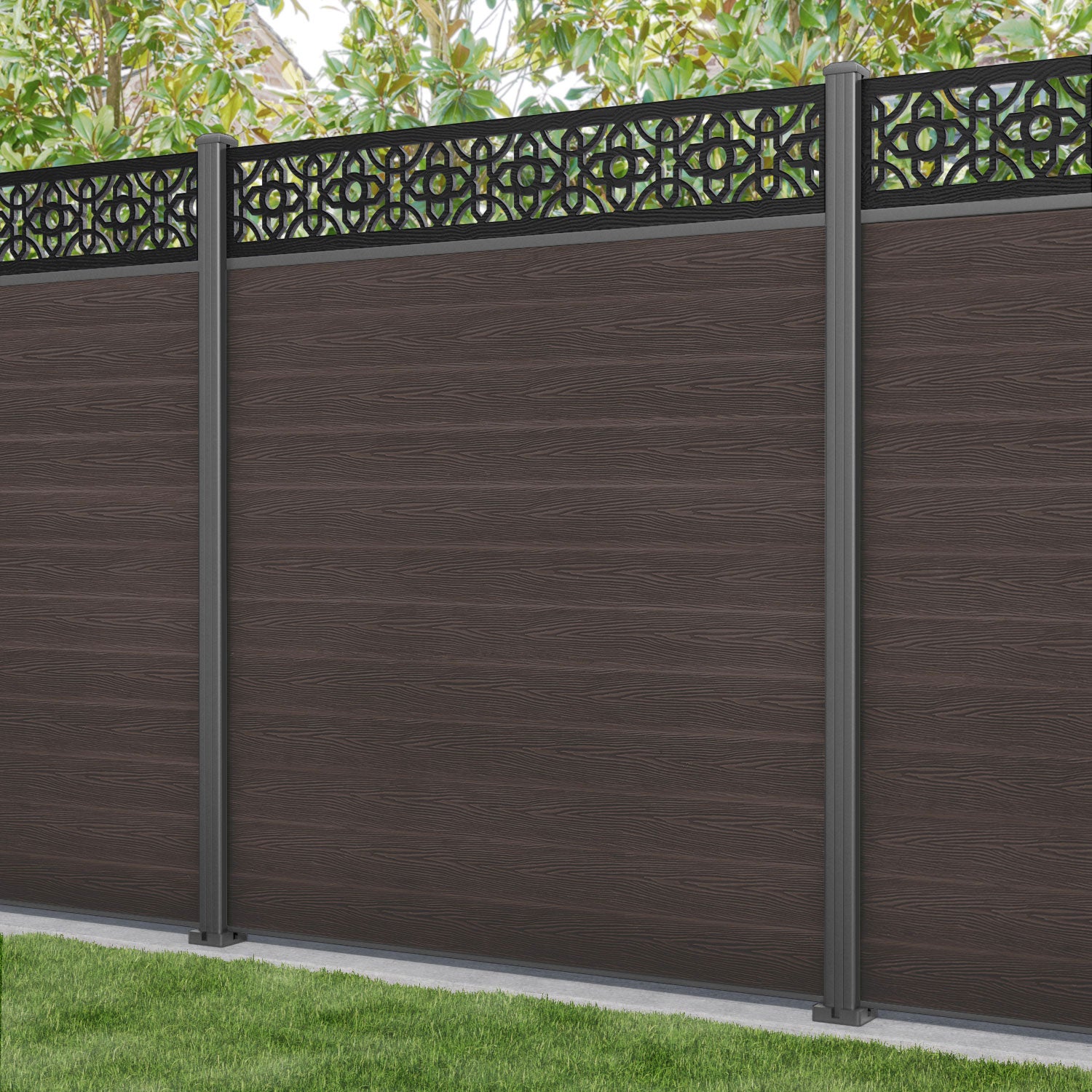 Classic Nabila Fence Panel - Mid Brown - with our aluminium posts