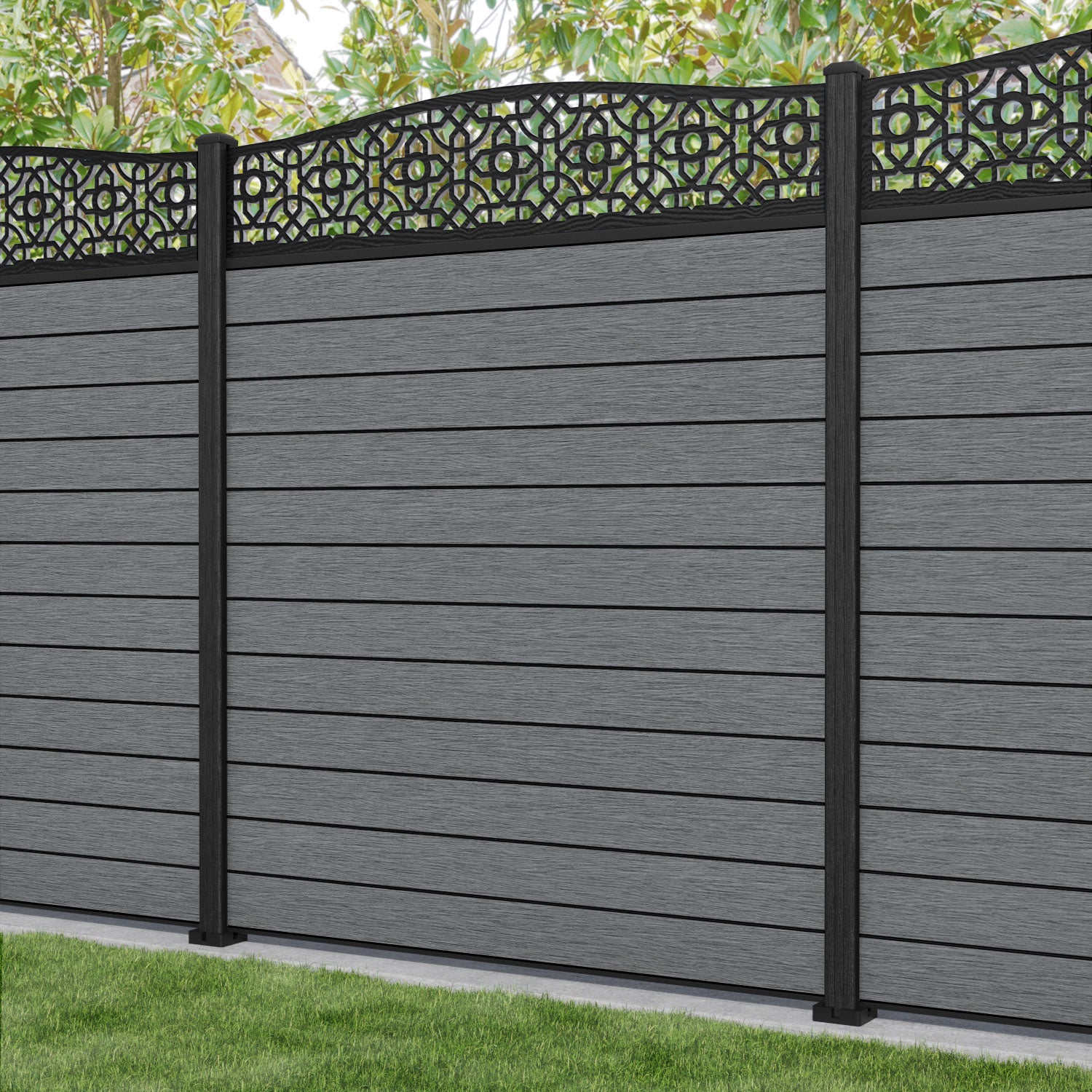 Fusion Nabila Curved Top Fence Panel - Mid Grey - with our composite posts