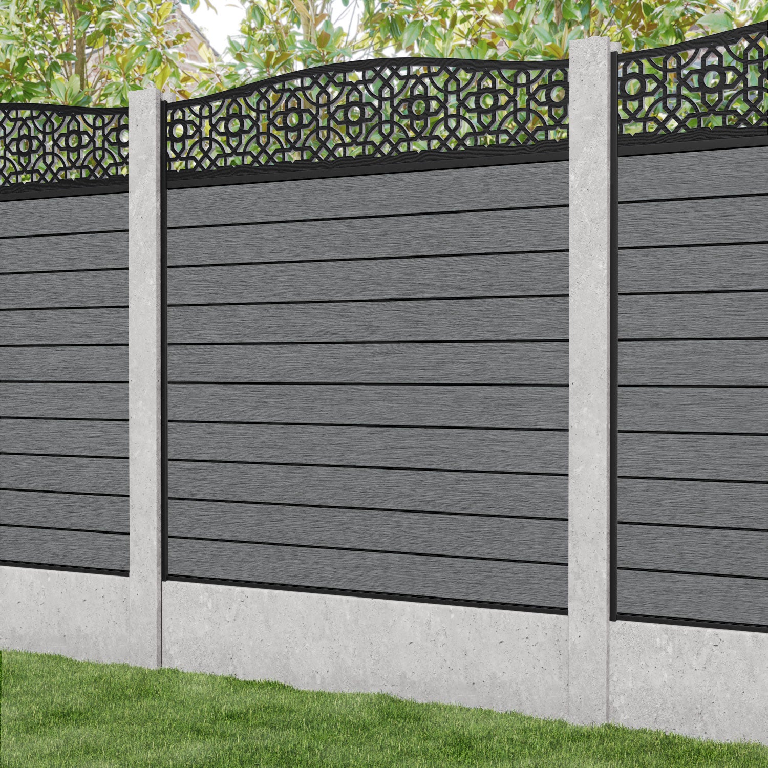 Fusion Nabila Curved Top Fence Panel - Mid Grey - for existing concrete posts