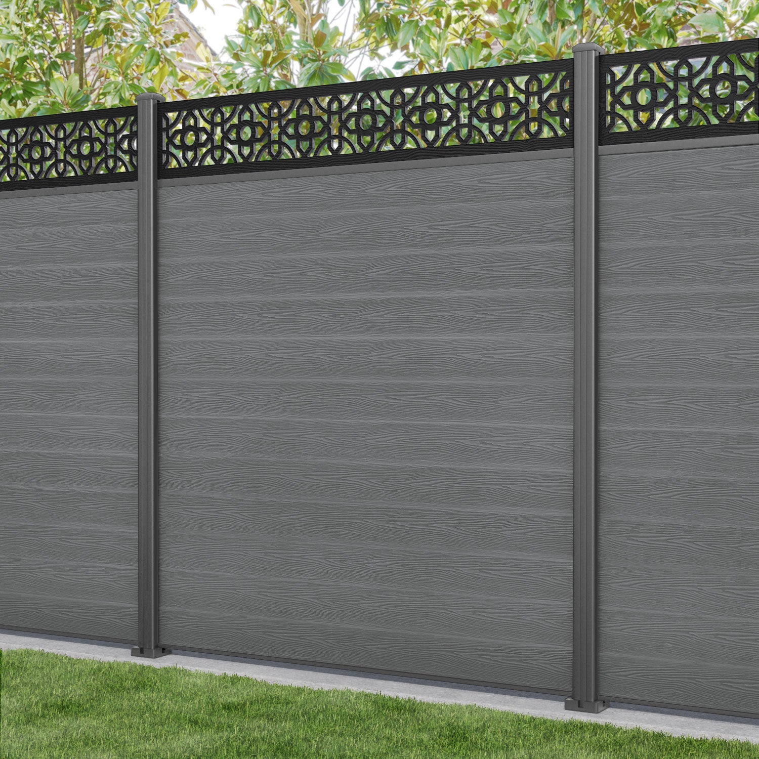 Classic Nabila Fence Panel - Mid Grey - with our aluminium posts