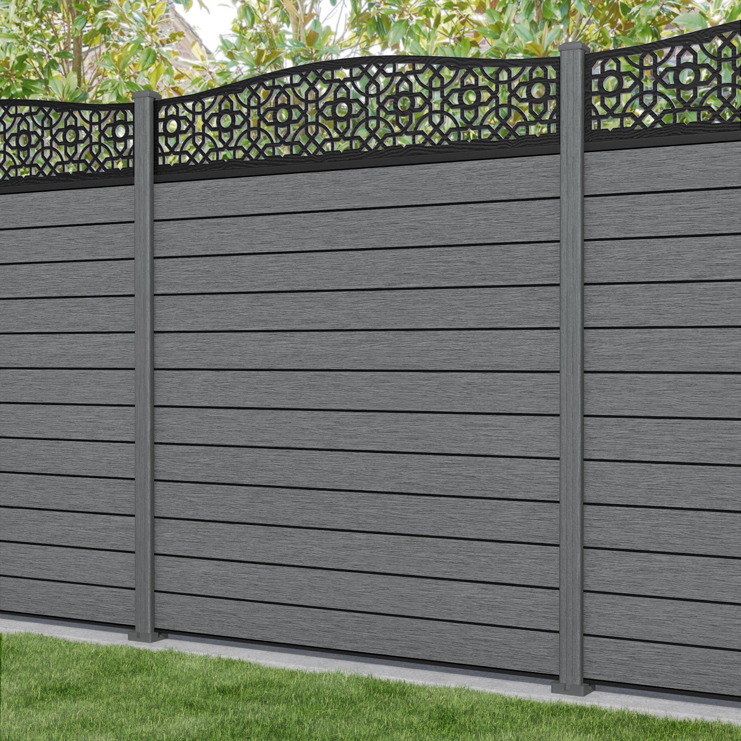Fusion Nabila Curved Top Fence Panel - Mid Grey - with our composite posts