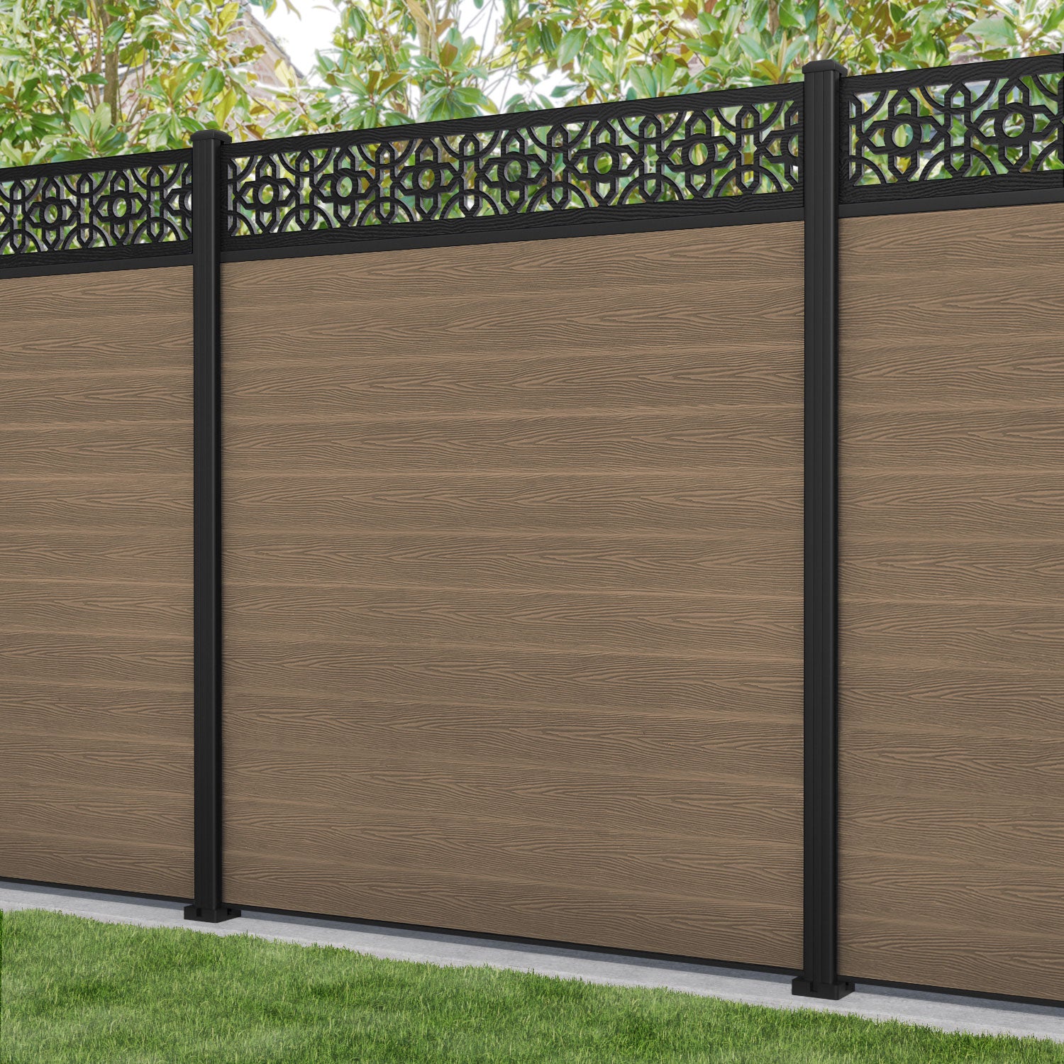 Classic Nabila Fence Panel - Teak - with our aluminium posts