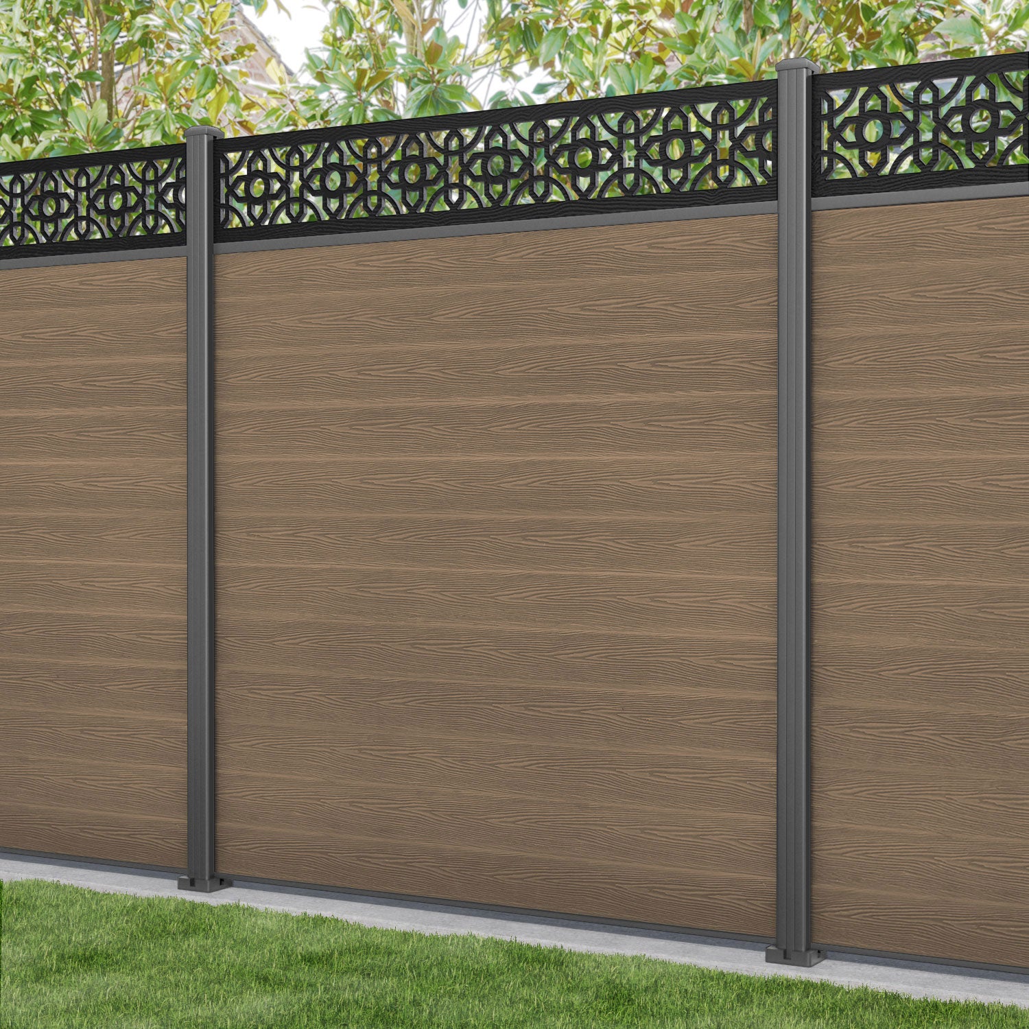 Classic Nabila Fence Panel - Teak - with our aluminium posts