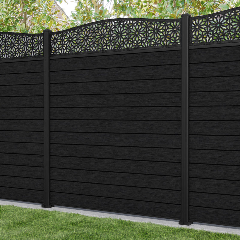 Fusion Narwa Curved Top Fence Panel - Black - with our aluminium posts