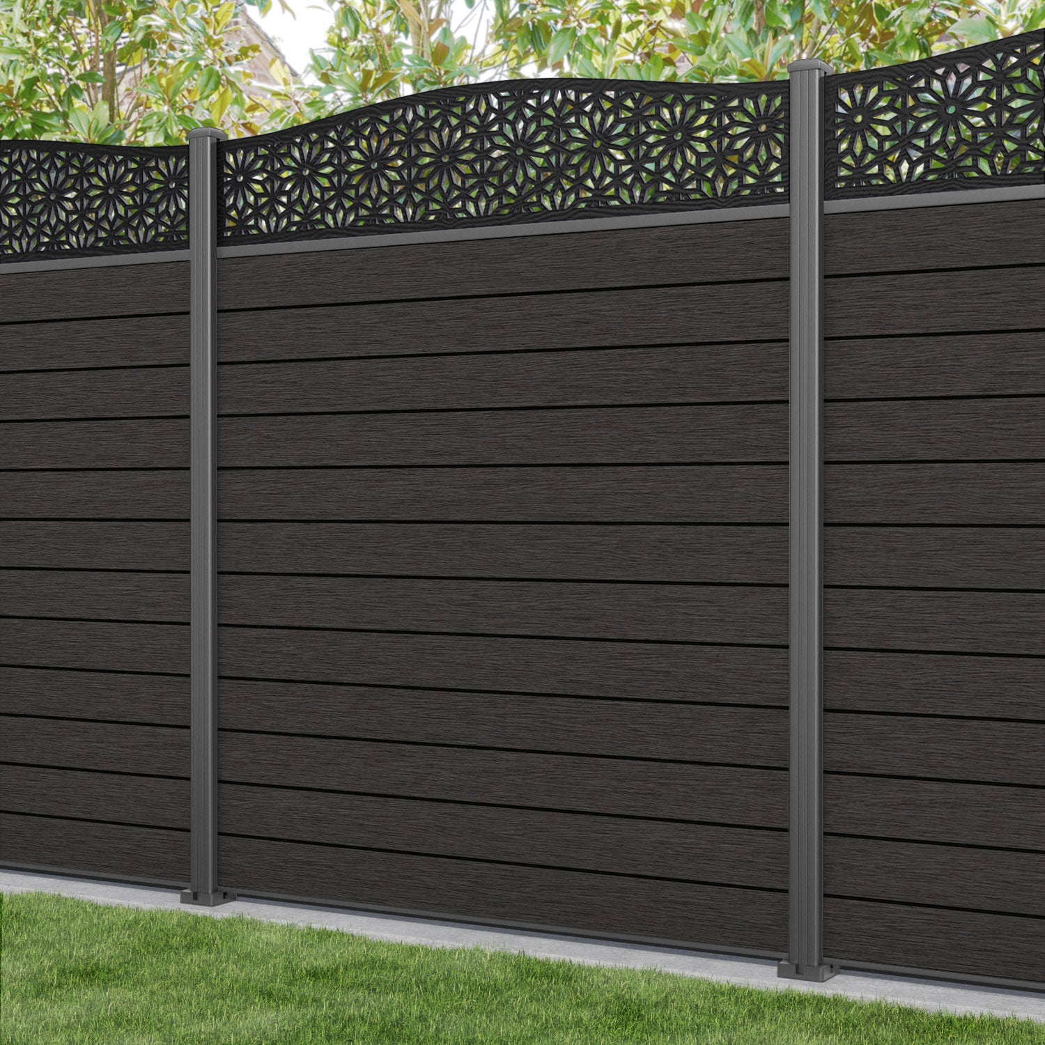Fusion Narwa Curved Top Fence Panel - Dark Oak - with our aluminium posts