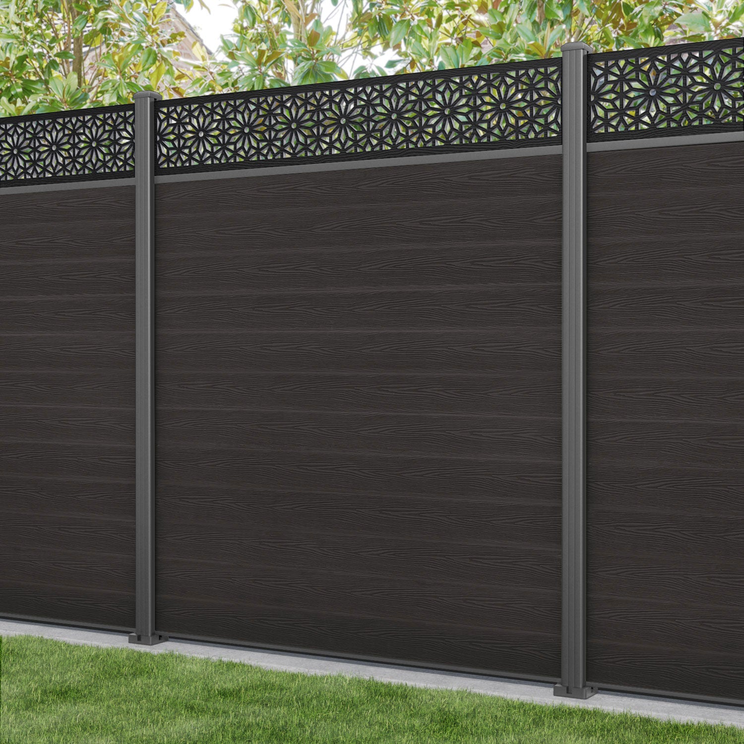 Classic Narwa Fence Panel - Dark Oak - with our aluminium posts