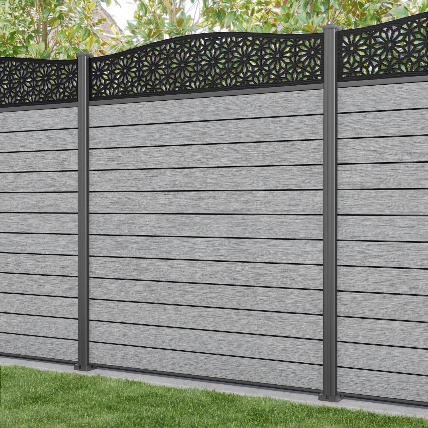 Fusion Narwa Curved Top Fence Panel - Light Grey - with our aluminium posts