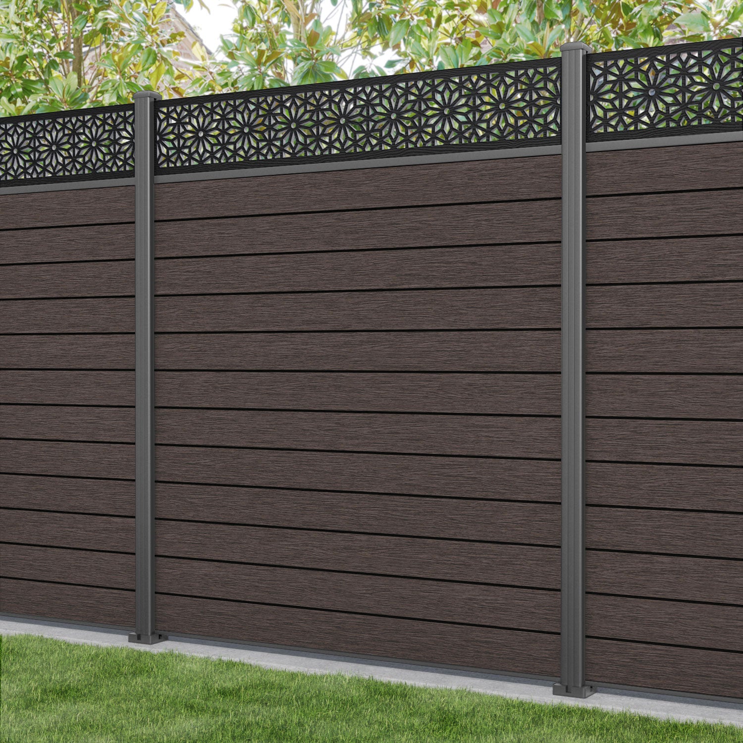 Fusion Narwa Fence Panel - Mid Brown - with our aluminium posts