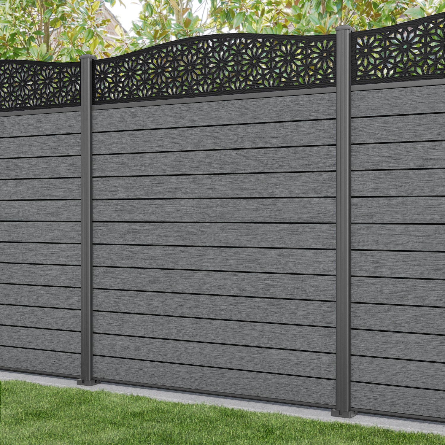 Fusion Narwa Curved Top Fence Panel - Mid Grey - with our aluminium posts