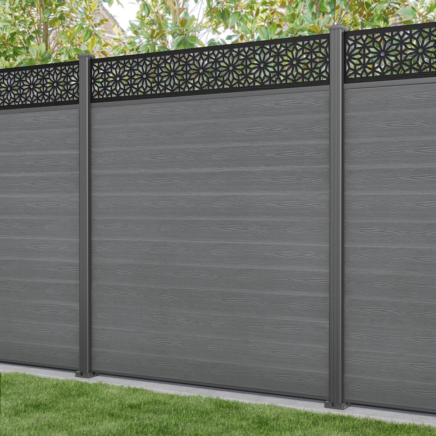 Classic Narwa Fence Panel - Mid Grey - with our aluminium posts