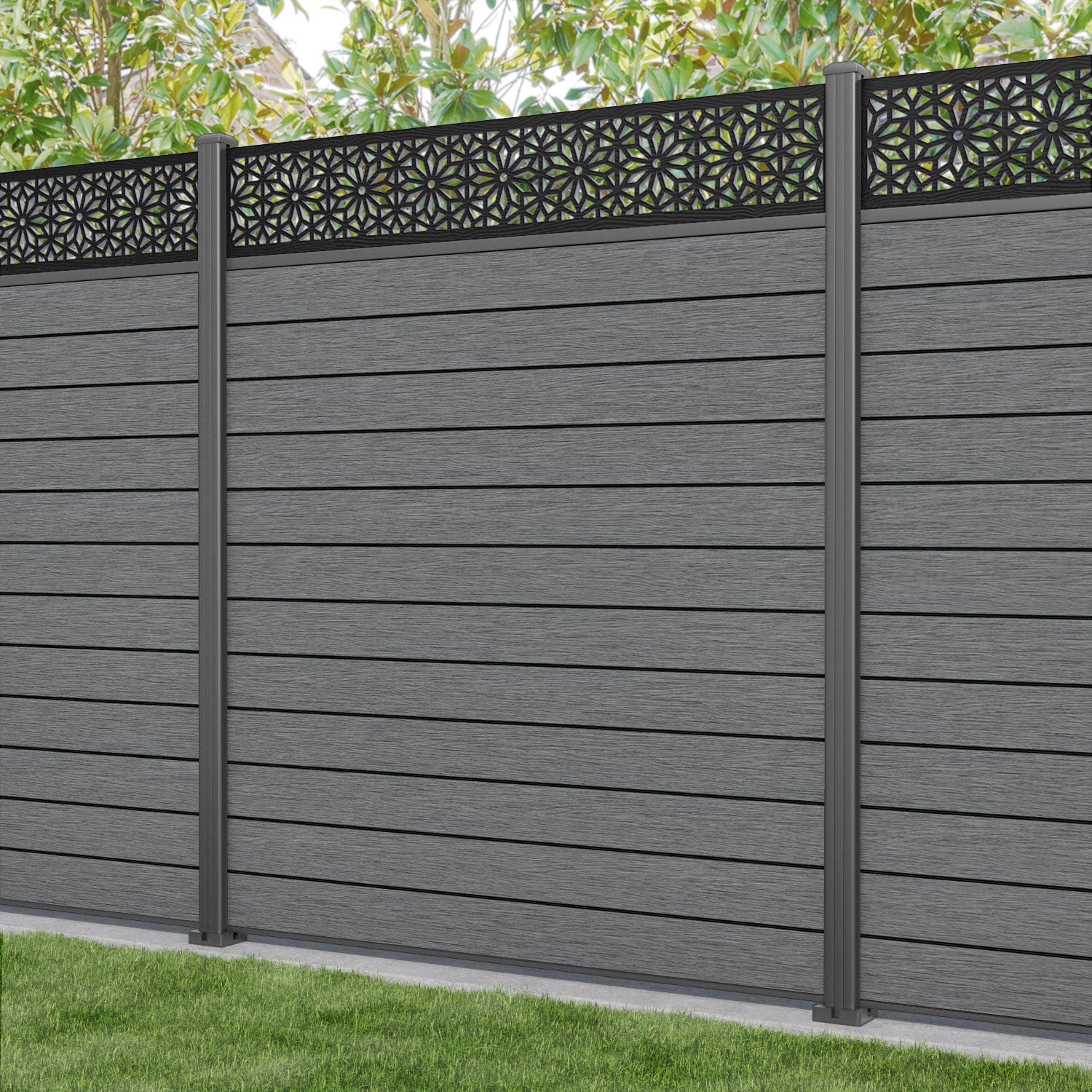 Fusion Narwa Fence Panel - Mid Grey - with our aluminium posts