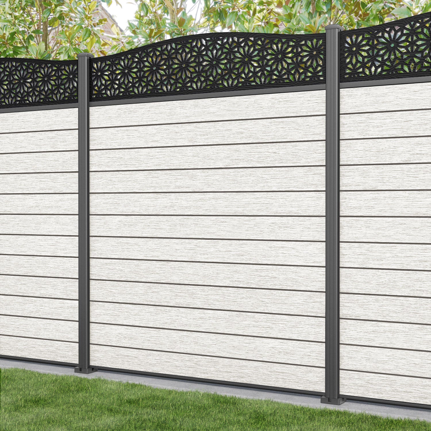 Fusion Narwa Curved Top Fence Panel - Light Stone - with our aluminium posts