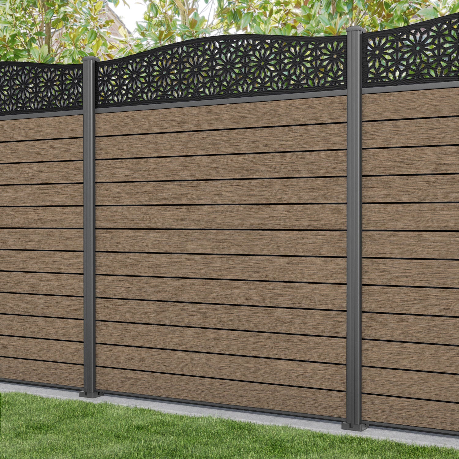 Fusion Narwa Curved Top Fence Panel - Teak - with our aluminium posts