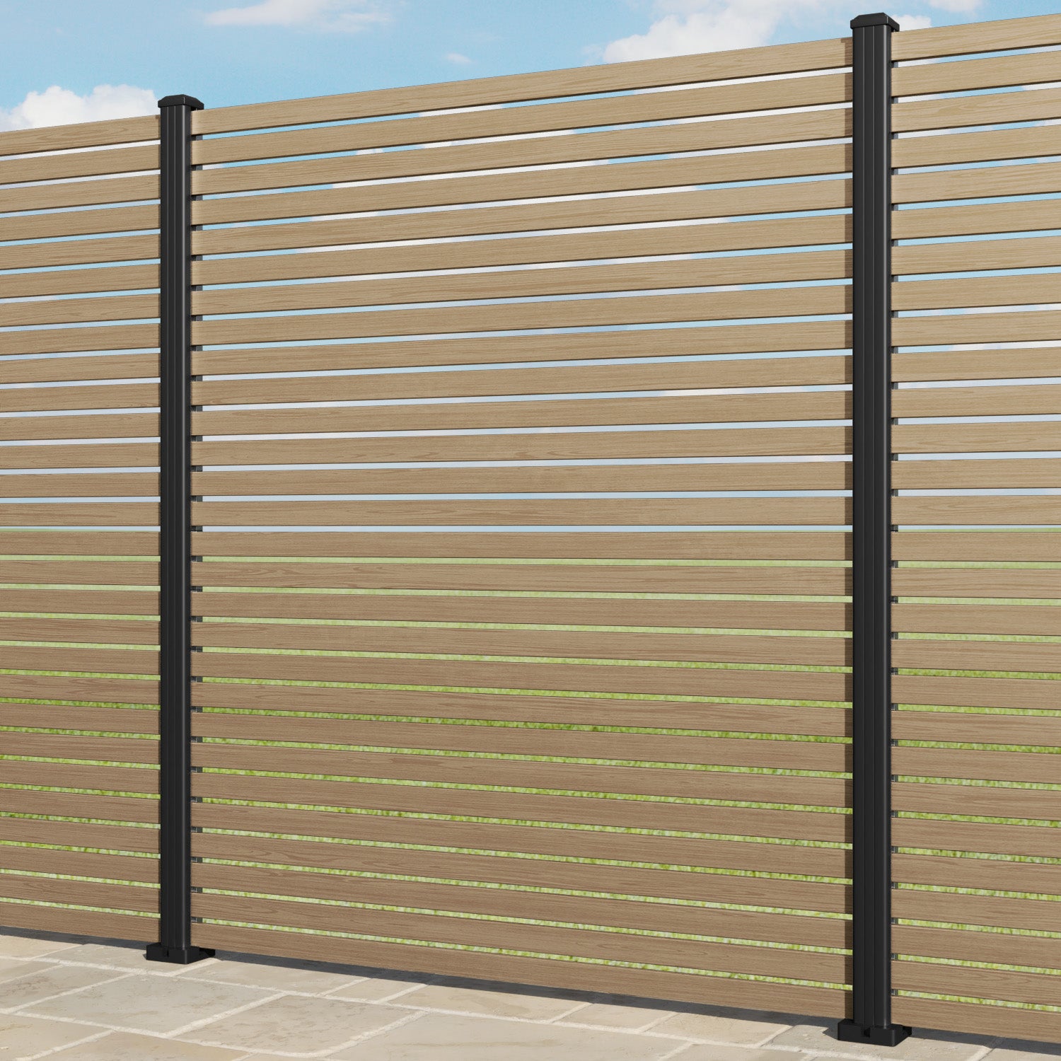 Aria Aluminium Fence Panel - Natural Oak - with our aluminium posts