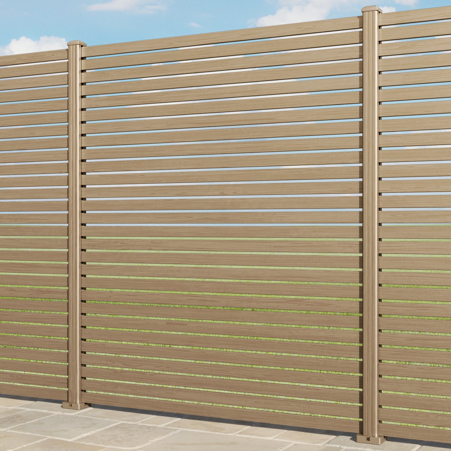 Aria Aluminium Fence Panel - Natural Oak - with our aluminium posts