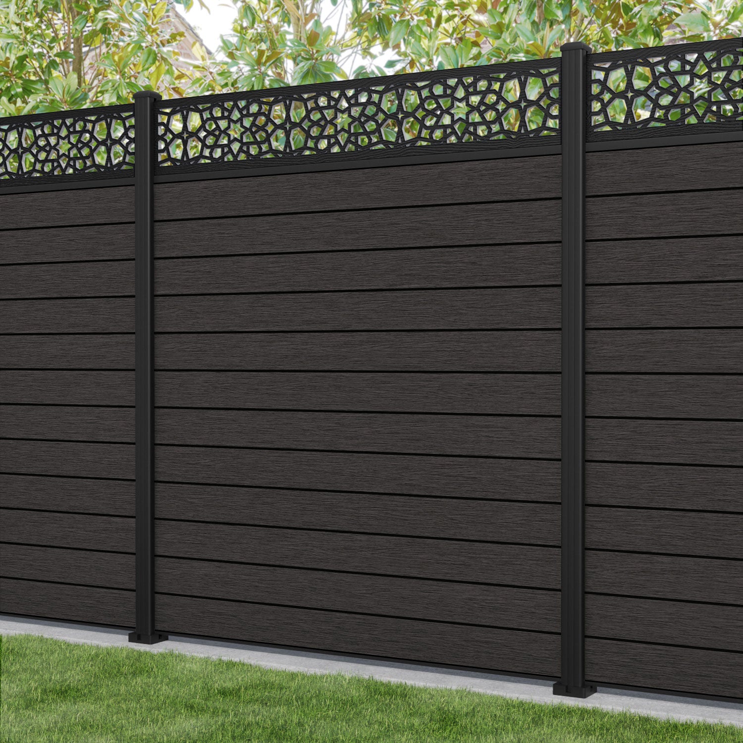 Fusion Nazira Fence Panel - Dark Oak - with our aluminium posts