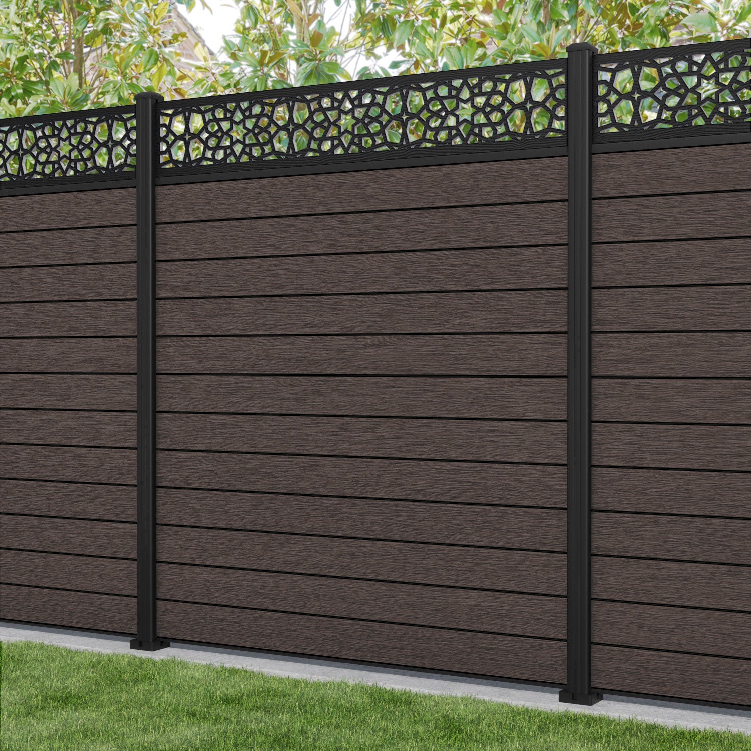 Fusion Nazira Fence Panel - Mid Brown - with our aluminium posts
