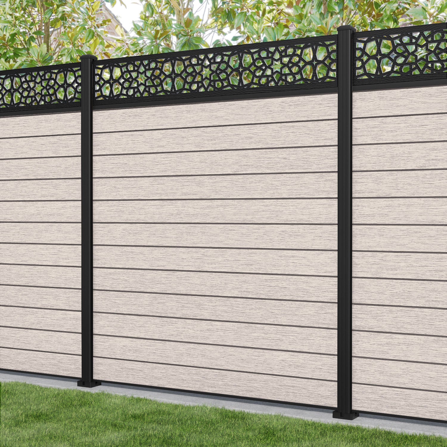 Fusion Nazira Fence Panel - Mid Stone - with our aluminium posts