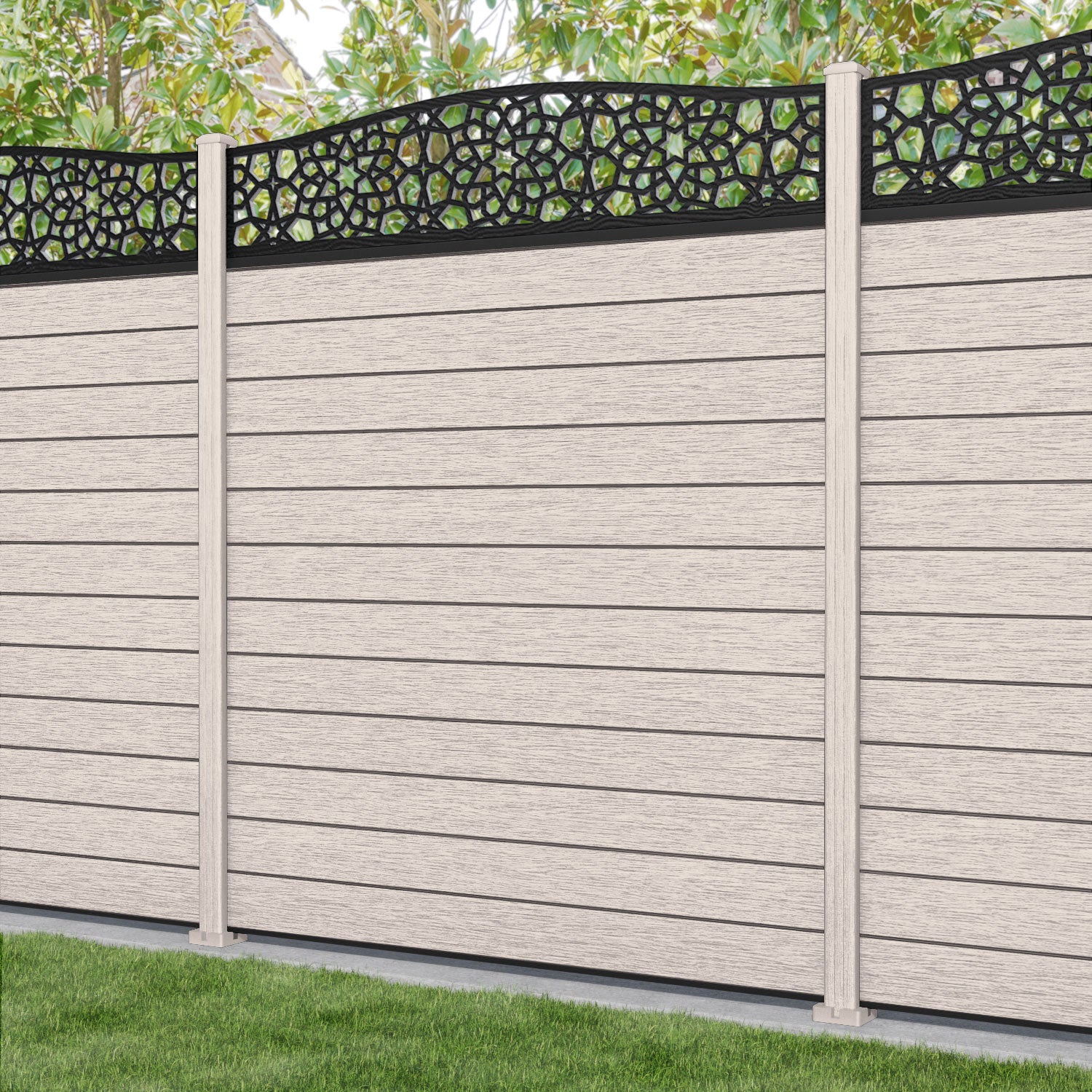 Fusion Nazira Curved Top Fence Panel - Mid Stone - with our composite posts