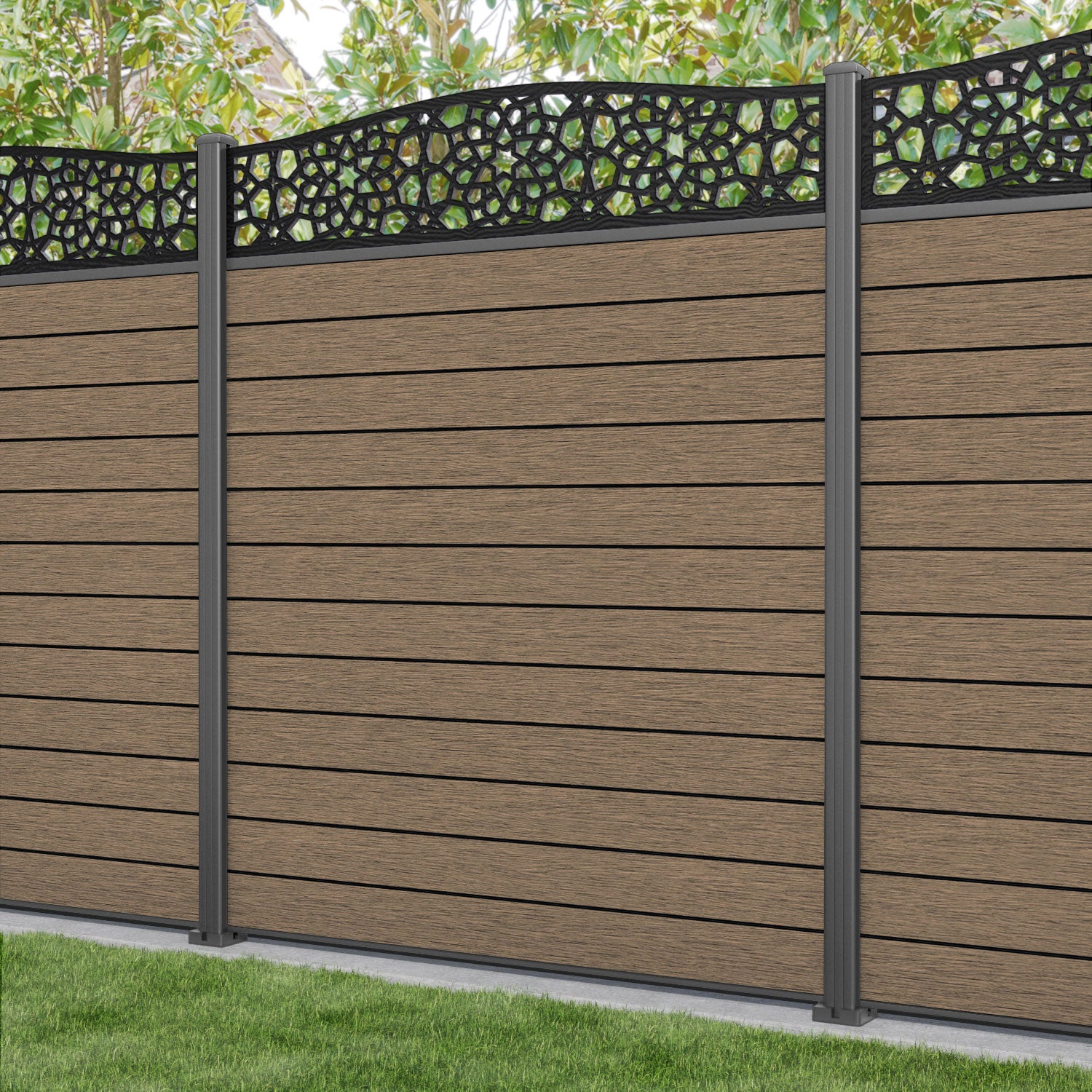 Fusion Nazira Curved Top Fence Panel - Teak - with our aluminium posts
