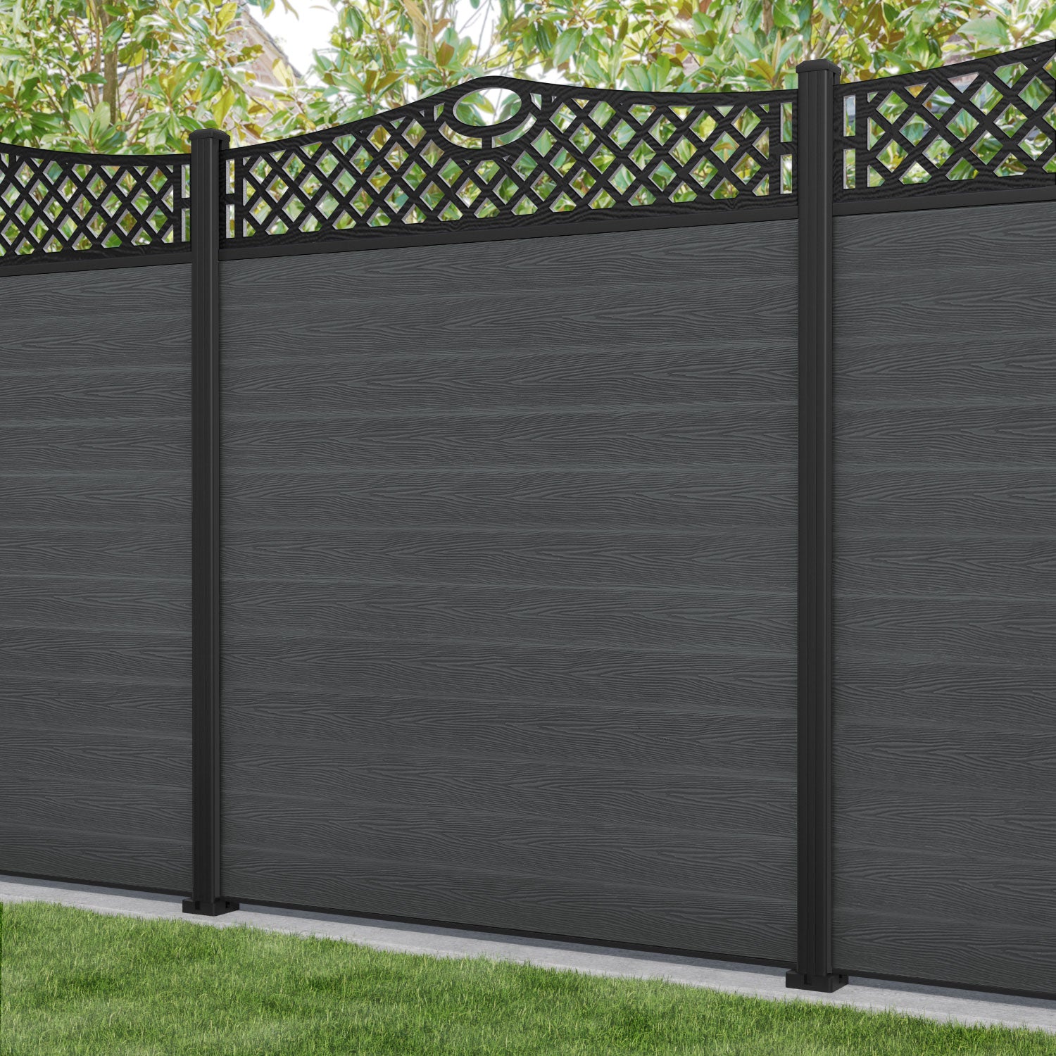 Classic Oxford Curved Top Fence Panel - Dark Grey - with our aluminium posts