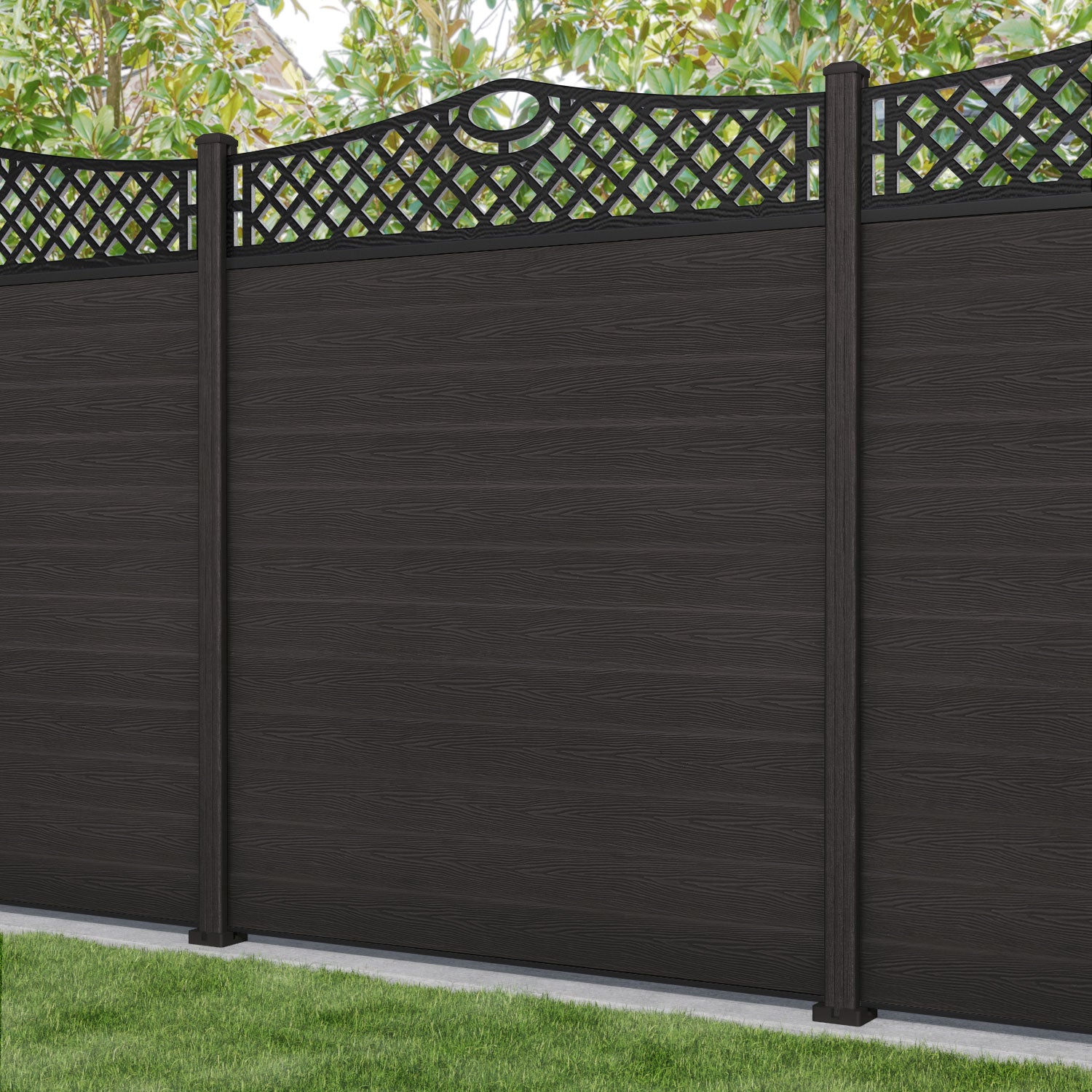 Classic Oxford Curved Top Fence Panel - Dark Oak - with our composite posts