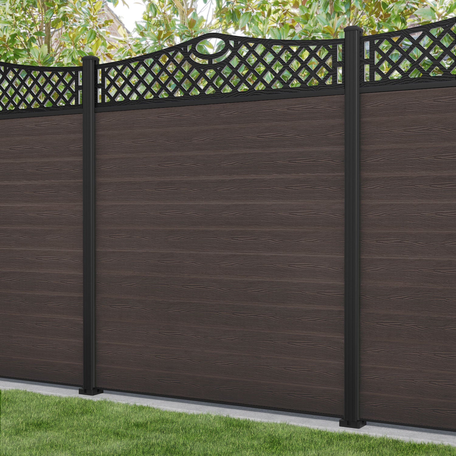 Classic Oxford Curved Top Fence Panel - Mid Brown - with our aluminium posts