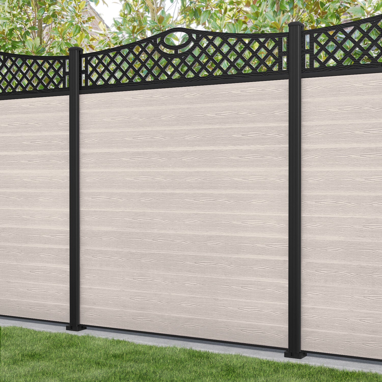 Classic Oxford Curved Top Fence Panel - Mid Stone - with our aluminium posts