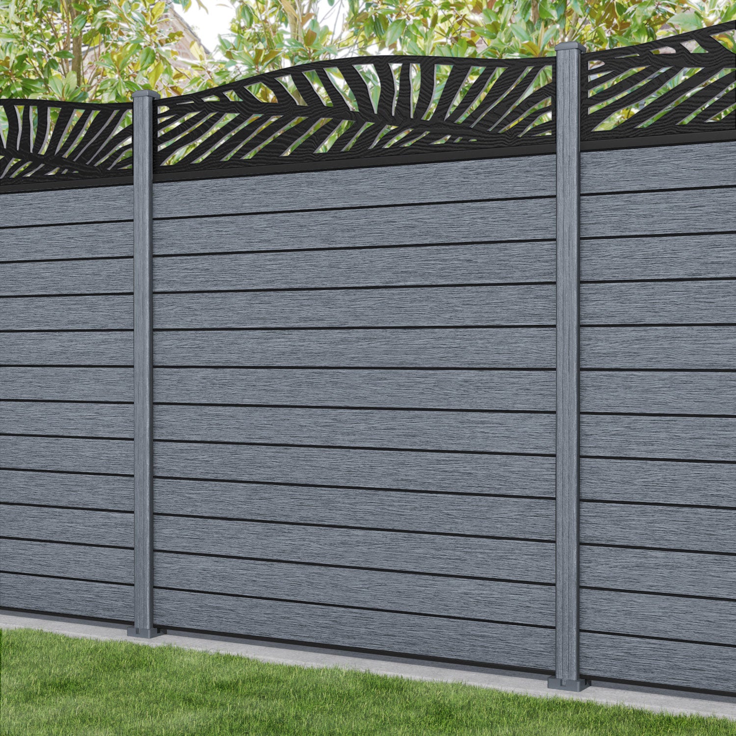 Fusion Palm Curved Top Fence Panel - Anthracite - with our composite posts