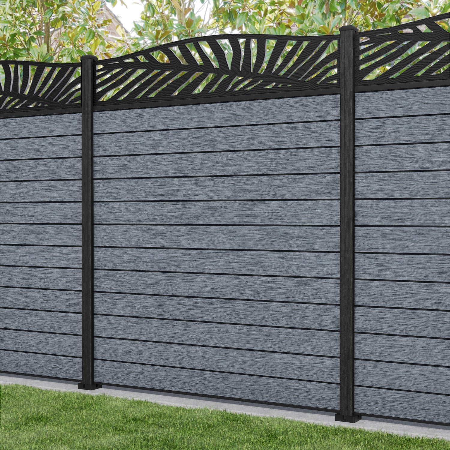 Fusion Palm Curved Top Fence Panel - Anthracite - with our composite posts