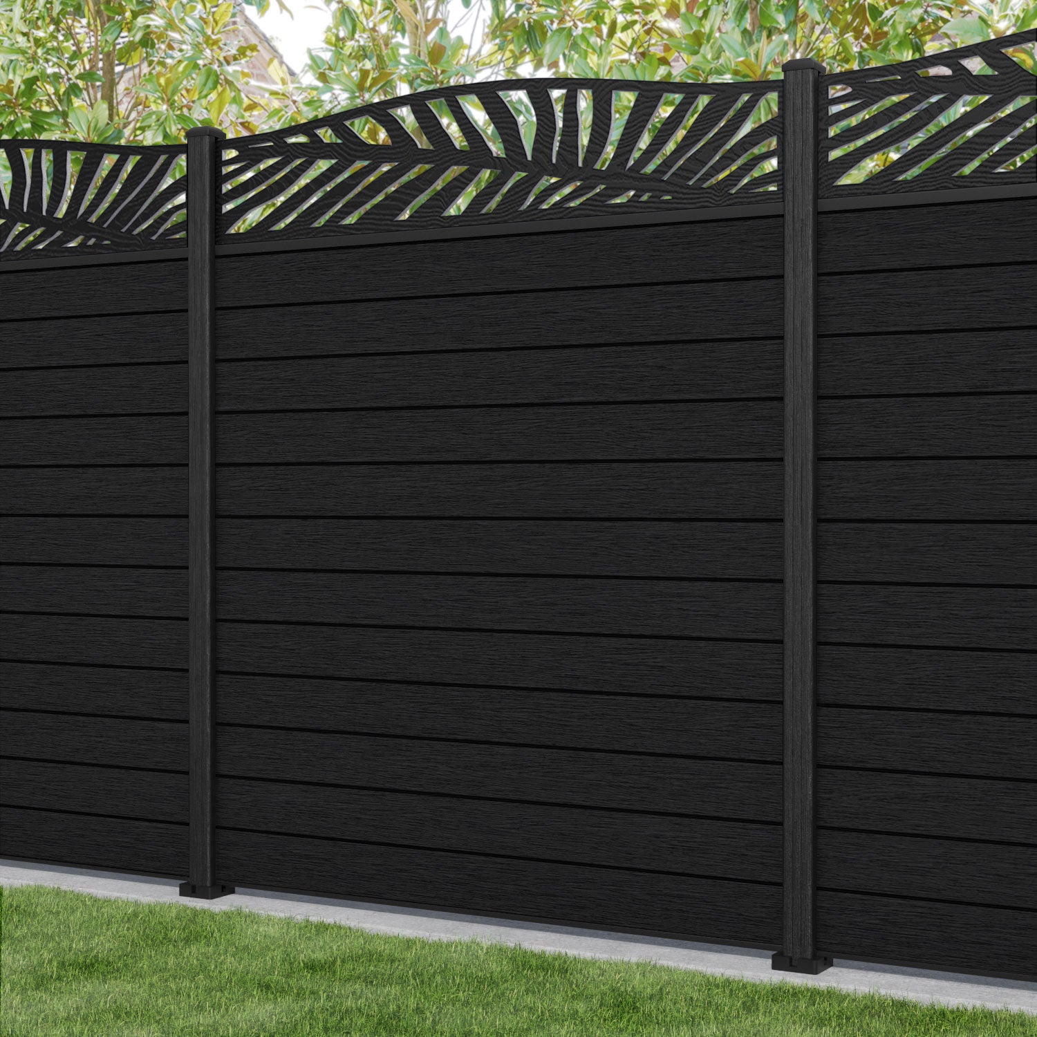Fusion Palm Curved Top Fence Panel - Black - with our composite posts