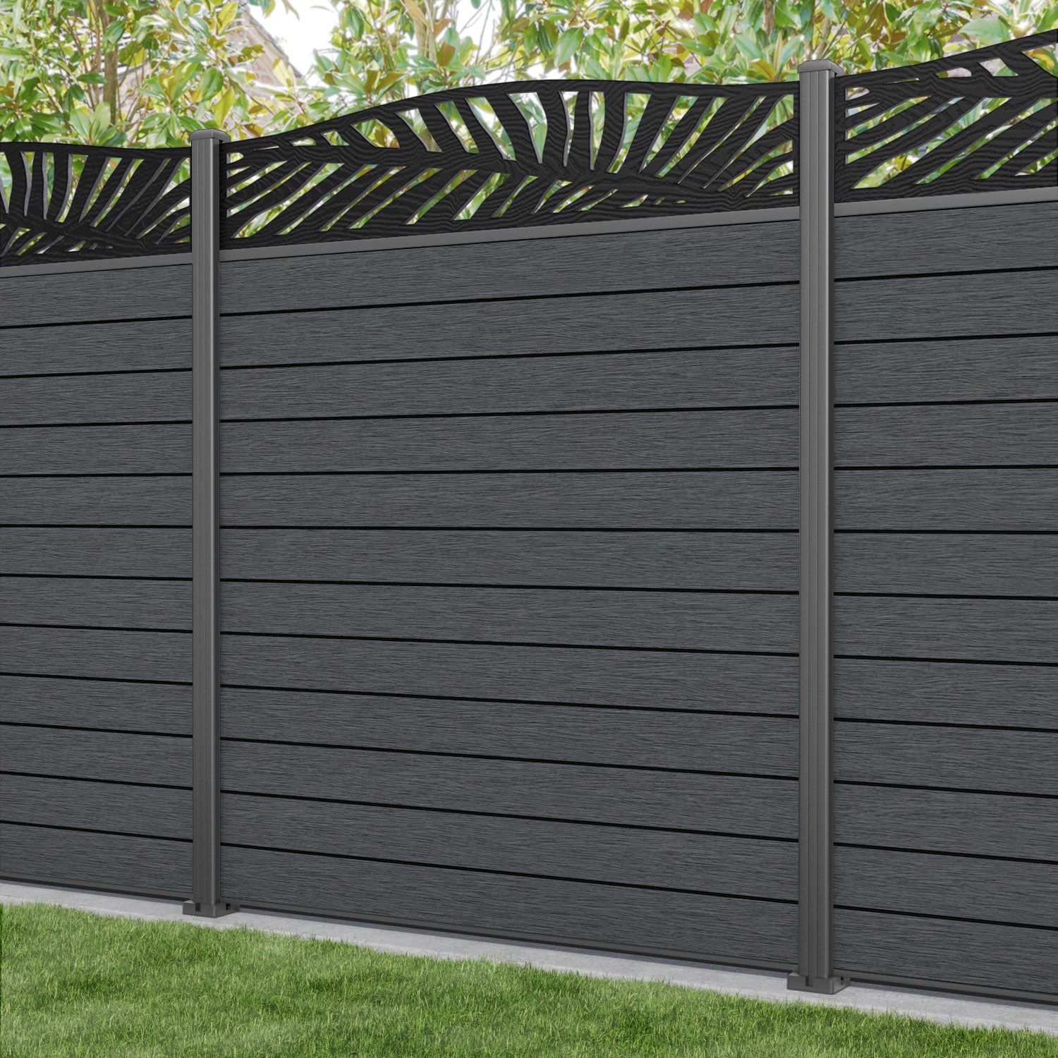 Fusion Palm Curved Top Fence Panel - Dark Grey - with our aluminium posts