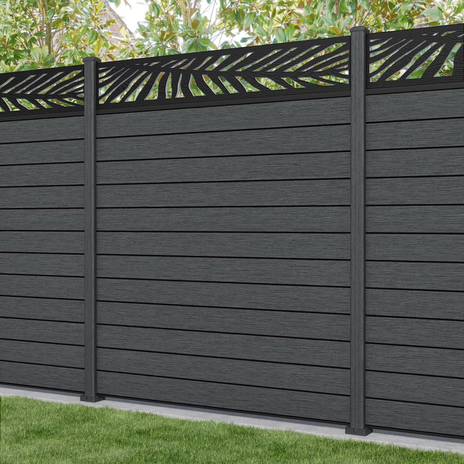 Fusion Palm Fence Panel - Dark Grey - with our composite posts