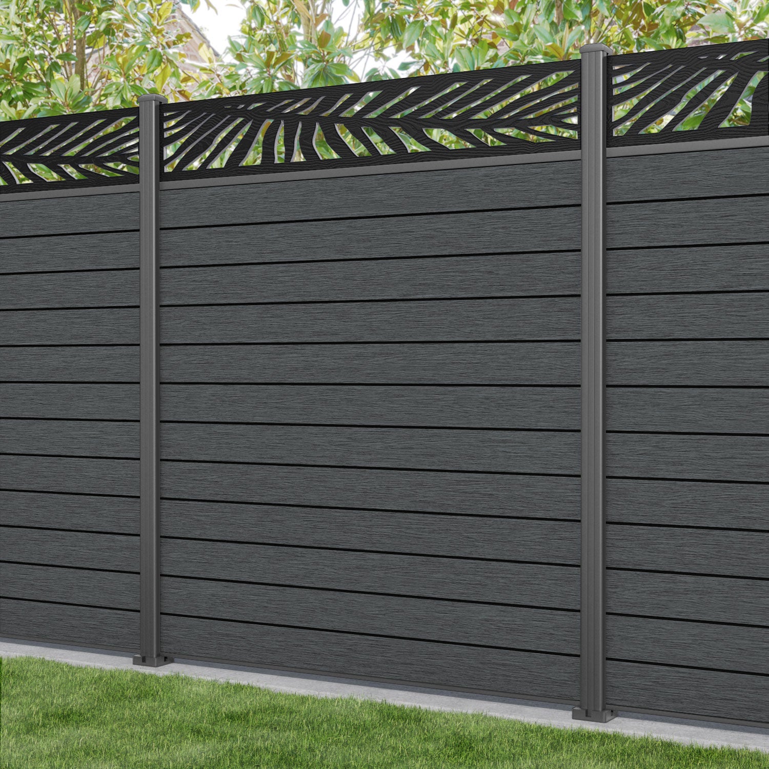 Fusion Palm Fence Panel - Dark Grey - with our aluminium posts