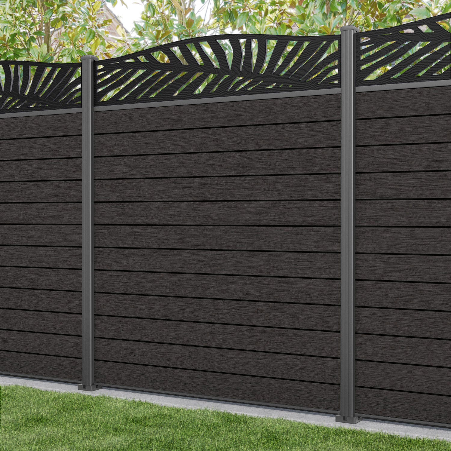 Fusion Palm Curved Top Fence Panel - Dark Oak - with our aluminium posts